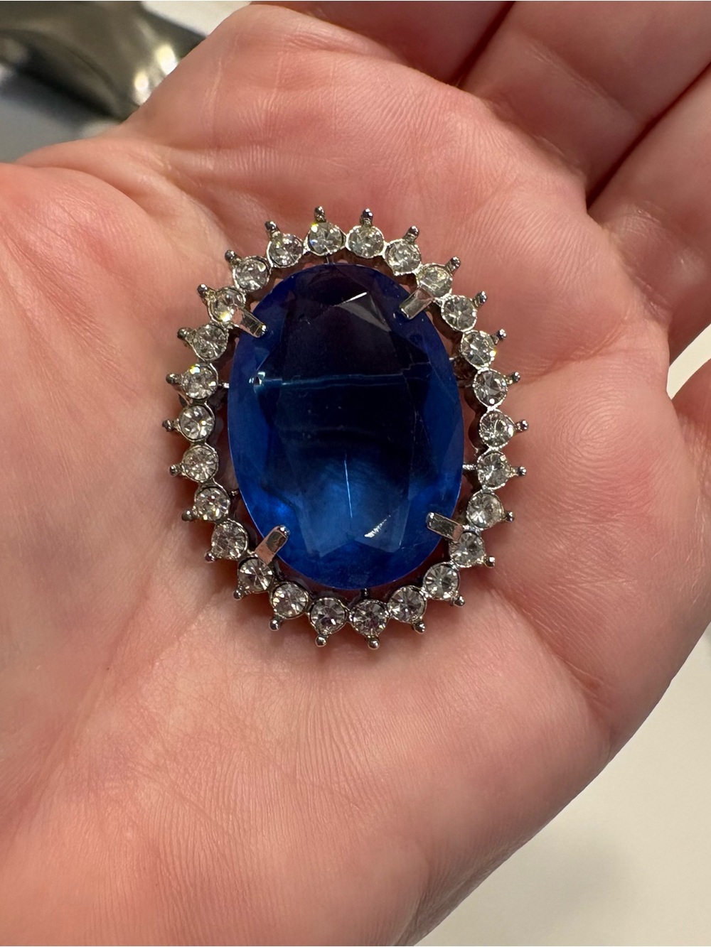 Vintage Sapphire-Blue Oval Crystal Halo Brooch - Women Jewelry